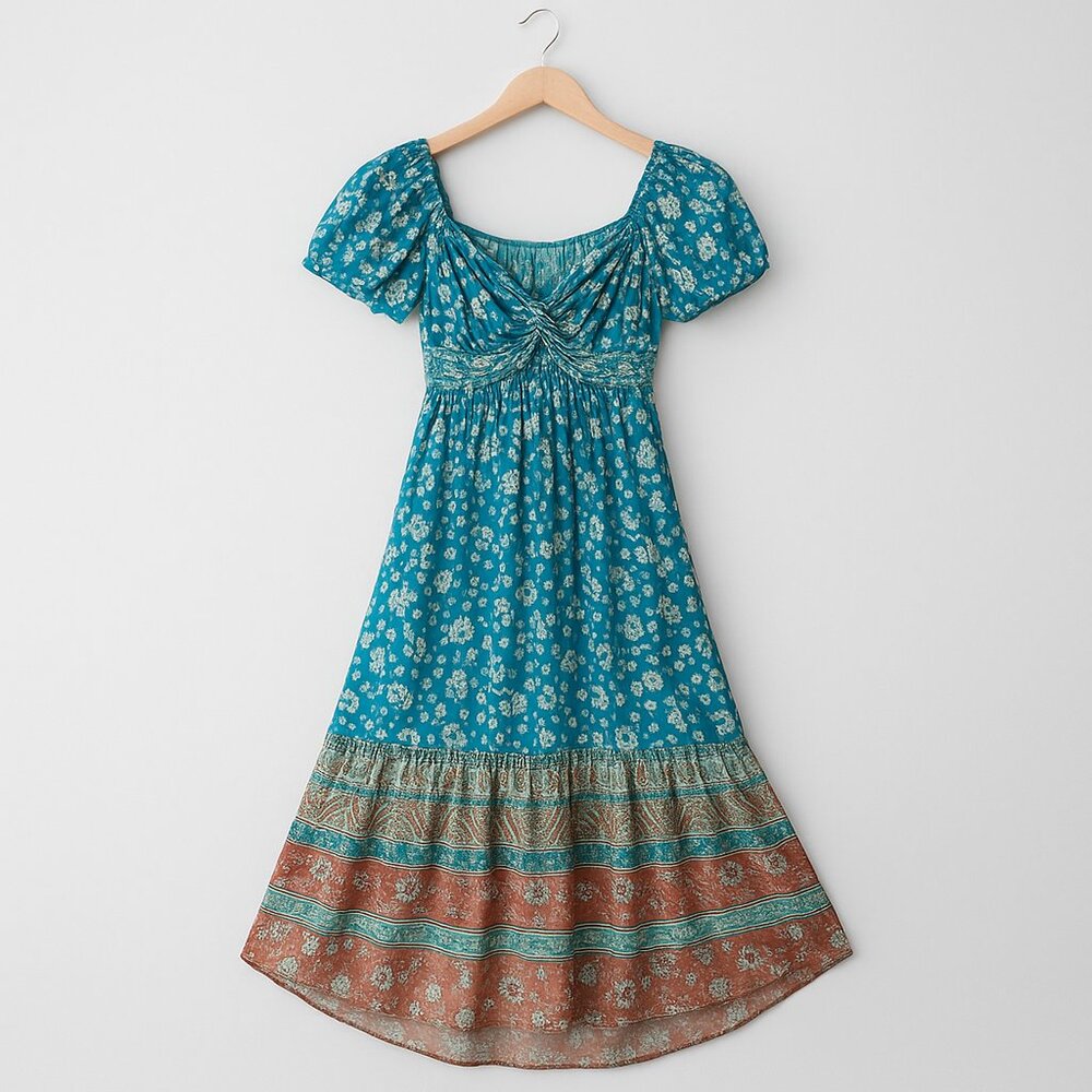 Angie Womens Midi Ruffle Hem Dress Sz S Boho Peasant Hippie Cottagecore